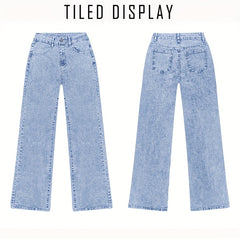 Women's New Fashion Stretchy Straight Jeans, Loose Comfort Fit Wide Leg Jeans, Acid Washed Light Blue Denim Trousers with Pockets, Elegant Women's Clothing, High Waisted Tummy Control Pantalones. Baggy Casual Pants for Travel, Work and Office Wear.
