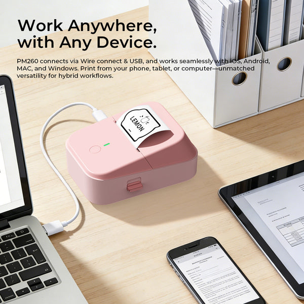 PM260B Portable Wireless Thermal Label Maker - 203DPI HD Printing, 1200mAh Long Battery, Auto-Calibration, Compatible with Mobile & Computer Systems, for Home Storage / Office Organization / Personal Item Sorting (Labels Included)