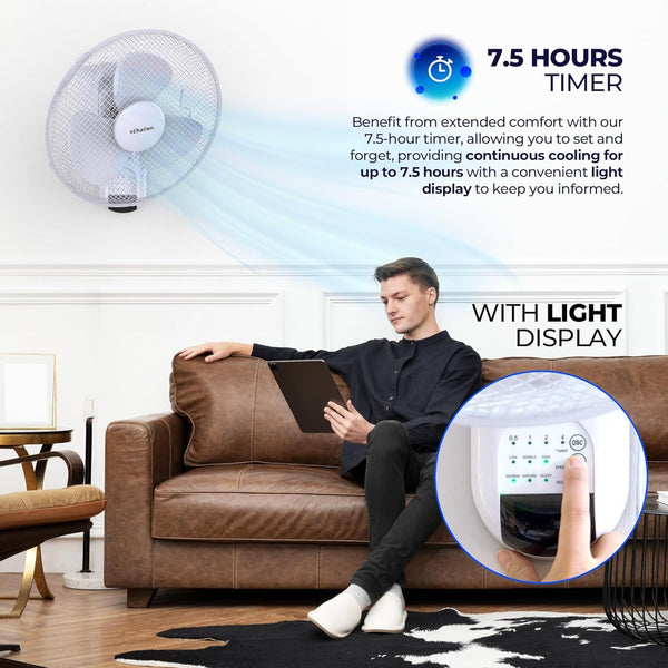 Schallen 16 Inch Wall Mounted Fan with Remote Control, Oscillating Cooling Fan 40cm, 3 Speed Settings, Timer Function, Quiet Wall Fan for Bedroom, Office, Kitchen, Garage, Home Cooling Fan UK, Adjustable Tilt Air Circulator, Energy Efficient Wall Fan Whit