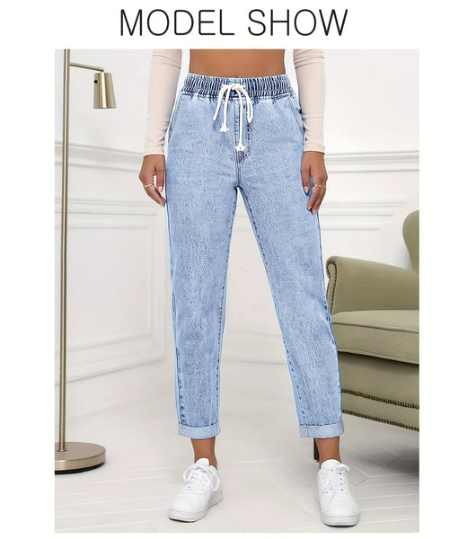 Ladies' 2026 New Stretch Elastic Drawstring Slim Cropped Jeans, Acid Wash Blue Cuff Straight Denim Trousers, Elegant Women's Clothing, Tapered Pantalones for All Seasons, Mom Pants with Pockets, High Waisted Tummy Control Travel Casual Pants