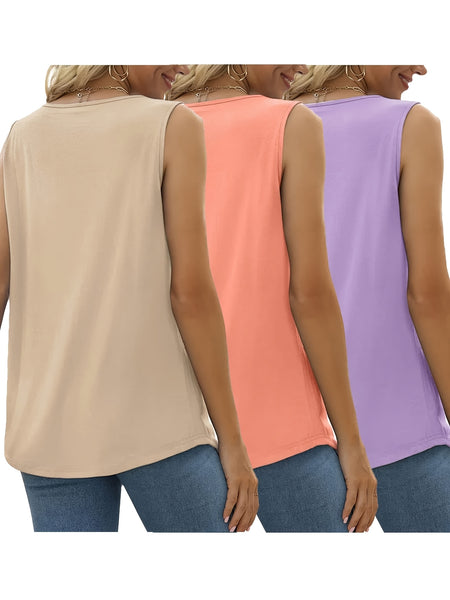 Three-Pack Women's Tank Tops Summer Sleeveless Loose Fit Eyelet Neck Solid Color Basic Shirts