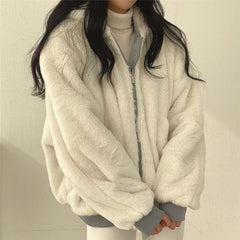 Women's Winter Double-Sided Plush Padded Jacket with Hood & Pockets - Thickened Lamb Outer Coat, Zipper Closure, Solid Color Casual Sweater for Cold Weather (No elastic fabric)