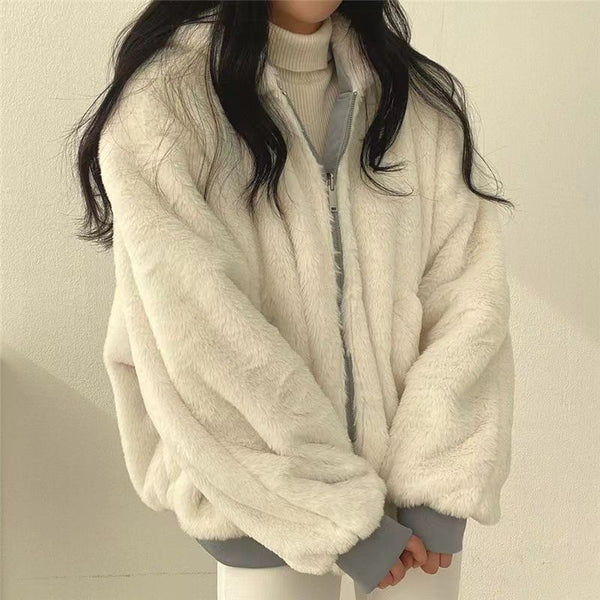 Women's Winter Double-Sided Plush Padded Jacket with Hood & Pockets - Thickened Lamb Outer Coat, Zipper Closure, Solid Color Casual Sweater for Cold Weather (No elastic fabric)