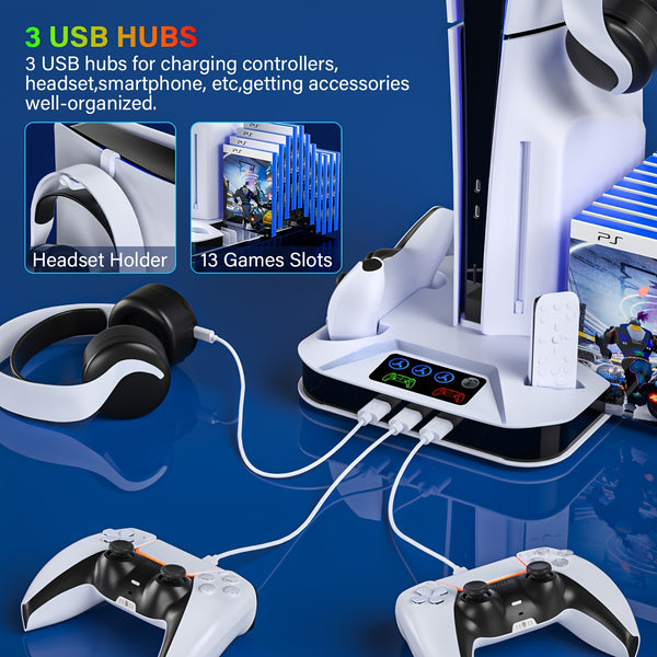 For Ps5/Slim/Pro Cooling Station Stand with Dual Controller Charging Station for Playstation 5 Console, for PS5 Additions Incl. Controller Charger, Cooling Fan, Headset Holder, 3 USB Hub
