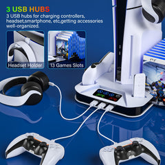 For Ps5/Slim/Pro Cooling Station Stand with Dual Controller Charging Station for Playstation 5 Console, for PS5 Additions Incl. Controller Charger, Cooling Fan, Headset Holder, 3 USB Hub