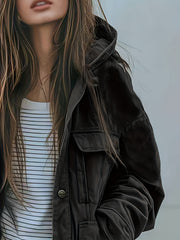 Women's Heavy-Duty -Style Hooded Jacket - All-Season Thick Winter Coat with Multi-Pocket Design, Olive Green Workwear Outerwear, Hood for Casual & (Machine Washable)