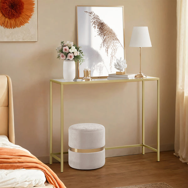 Modern Minimalist Console Table with Golden Frame & Tempered Glass Tabletop - Base Suitable for Living Room, Hallway Sofa Table, Assembly, Space-Saving, Transparent Table for Narrow Spaces, Entryway Furniture