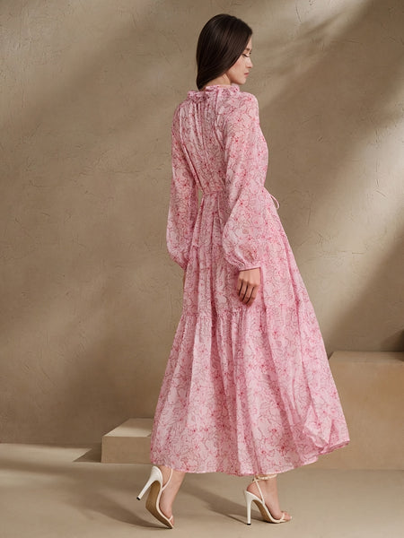 Women's Elegant Chiffon Print Loose Long-sleeved Swing Dress, No Elastic, Daily And Commuting, Vacation, Suitable for All Seasons, Double-layer, Waist Rope, Flower Small V-neck Fashion Design, Loose Spring, Summer And Autumn Long, Polyester 100%