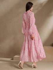 Women's Elegant Chiffon Print Loose Long-sleeved Swing Dress, No Elastic, Daily And Commuting, Vacation, Suitable for All Seasons, Double-layer, Waist Rope, Flower Small V-neck Fashion Design, Loose Spring, Summer And Autumn Long, Polyester 100%