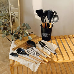Kitchen Utensil Set, 11pcs Silicone Cooking Utensils Set With Wooden Handle, Nonstick Cookware Tongs Spatula Spoon Set, Best Kitchen Tools, Valentine'S Day Gifts Black, Holiday Gift Guide