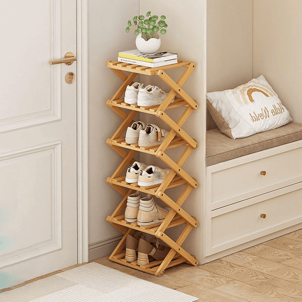 4/5/6/7 Tiers Bamboo Wooden Shoe Rack, Vertical Shoe Racks Storage Shelves Tall Shoe Tower, Collapsible Narrow Shoe Stand, Installation Free Folding X-Shape Shoe Racks Sneakers Slippers Holder Organizer, Multi Functional Shoe Rack Durable Footwear Cabinet