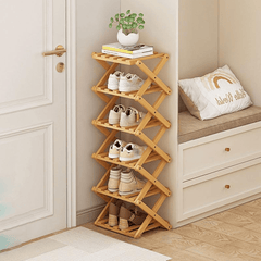 4/5/6/7 Tiers Bamboo Wooden Shoe Rack, Vertical Shoe Racks Storage Shelves Tall Shoe Tower, Collapsible Narrow Shoe Stand, Installation Free Folding X-Shape Shoe Racks Sneakers Slippers Holder Organizer, Multi Functional Shoe Rack Durable Footwear Cabinet