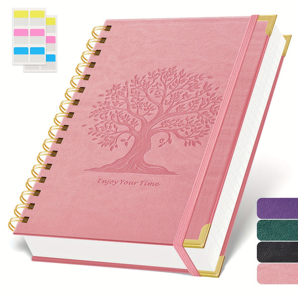 Notebook Notepad A5, 300 Pages Wirebound Spiral Notebook, 100GSM Thick Paper, No Bleed, Leather Cover Journal with Tree Design & Golden Spiral Binding, Perfect for School Writing, 16.5 X 21cm
