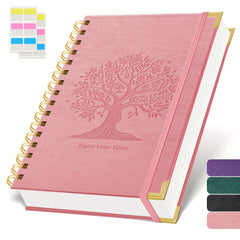 Notebook Notepad A5, 300 Pages Wirebound Spiral Notebook, 100GSM Thick Paper, No Bleed, Leather Cover Journal with Tree Design & Golden Spiral Binding, Perfect for School Writing, 16.5 X 21cm