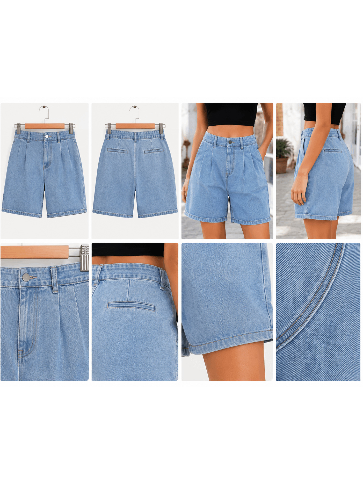 Women'S High Waisted Denim Bermuda Shorts, Light Blue Washed Knee Length Jean Shorts, Relaxed Loose Fit Summer Denim Shorts, Casual Cuffed Hem Ladies Shorts