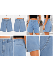 Women'S High Waisted Denim Bermuda Shorts, Light Blue Washed Knee Length Jean Shorts, Relaxed Loose Fit Summer Denim Shorts, Casual Cuffed Hem Ladies Shorts
