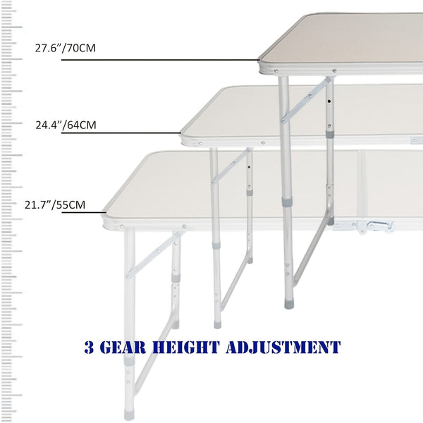 Folding Picnic Table Aluminum Camping Table Lightweight 3 Gear Adjustable Height Portable Folding Table with Carry Handle Adjustable Garden Outdoor Picnic Table Kitchen Work Top Table, White, 120x60x70/62/55cm