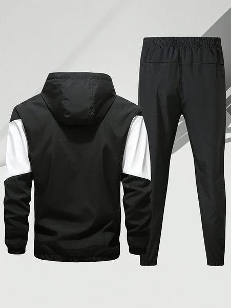 Men'S Casual 2pcs Athletic Set Unisex Couple All-Season Spring Autumn Loose Color-Block Athletic Outfit Hooded Sweater Zip-Up Jacket Long Sleeve Outerwear Long Pants Jogging Trousers Gym Workout Running Outdoor Set Elastic Pants Hoodie Top And Botto