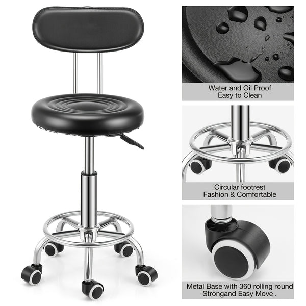 Adjustable Rolling Swivel Stool, Hydraulic Heavy Duty Drafting Chair Stool with Backrest, for Salon Office Therapist Beauty Spa Hairdressing Tattoo, 360-Degree Rolling Wheel, Black