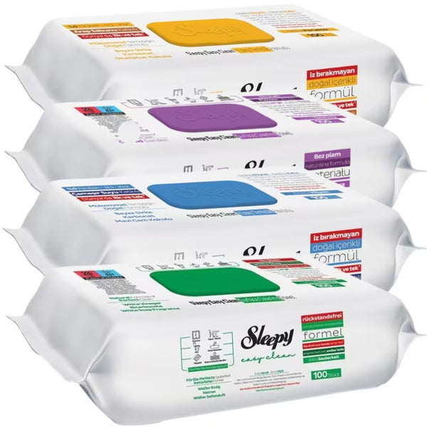 Sleepy Easy Clean Surface Cleaning Wipes & Towels Mix - Pack of 4 x 100 (400 Sheets), Included Scents: White Soap, Orchid, Herbal Soap & Blue Pine