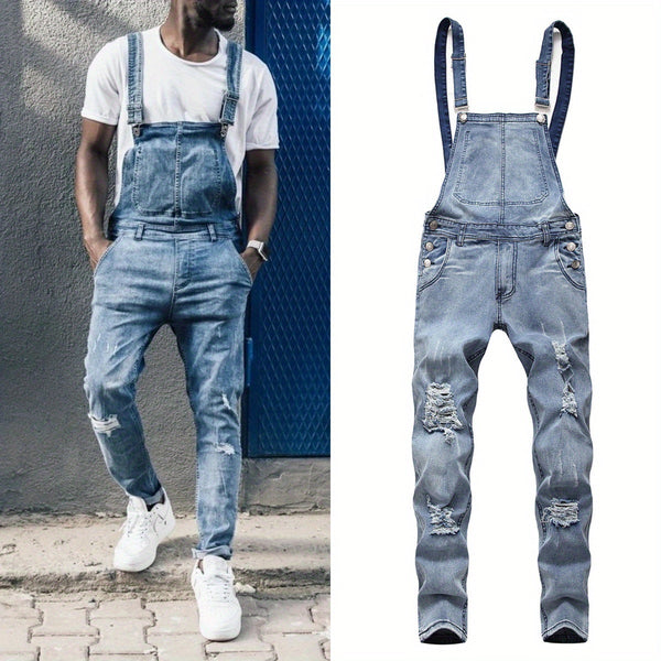 Men's Slim Fit Suspender Jeans, Teen Boys' Denim Pants, Trendy Fashion Versatile Solid Color Classic
