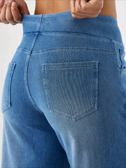 ' High Waisted Wide Jeans - Stretchy Pants with Multiple Pockets, -Washed - Casual Trousers for Jeanswear & Layering (Wide-Waisted Fit)
