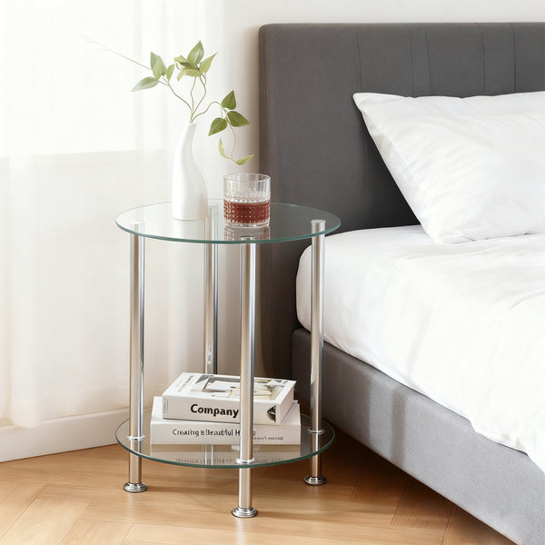 Round Side Table, Glass Sofa Side Table for Living Room, 2-Tier Small Coffee Table with Glass Top and Chrome Legs