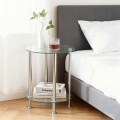 Round Side Table, Glass Sofa Side Table for Living Room, 2-Tier Small Coffee Table with Glass Top and Chrome Legs