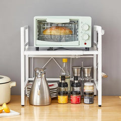 QuickTurn Expandable Microwave Oven Rack Kitchen Countertop Over Microwave Stand Shelf Unit White 2 Tier Space Saving Standing Baker'S Racks for Air Fryer