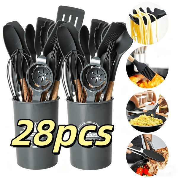 14/28/42pcs Cookware Set with Ergonomic Black/Yellow Non-Slip Handle - Complete Kitchen Utensil Collection for Baking, Grating, Slicing, Mixing, Serving - Dishwasher Safe & Space-Saving Design, Small Cooking Utensils