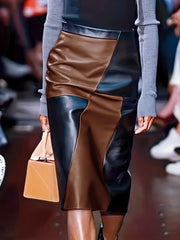 CHIDU Women'S Skirt for Autumn And Winter, High-Waisted PU Mid-Length Skirt with Color Block Design, Elegant Dress with Zipper, Fashionable Irregular Style, Perfect for Family Events And Stylish Commuting
