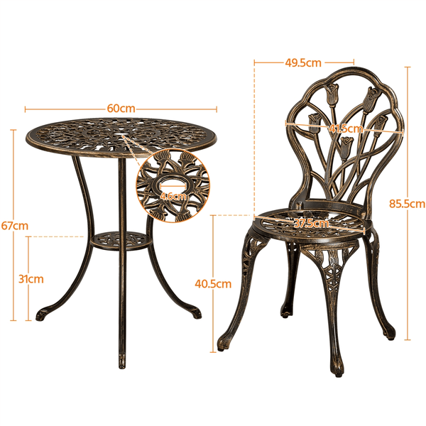 Costoffs 3pcs Patio Bistro Table Set with Umbrella Hole Outdoor Furniture Antique Aluminium Chair Rose Vine Dining Set for Garden Backyard Porch Balcony Lawn Pool
