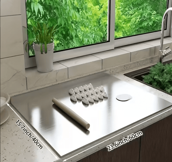 Shipping 1pc of Stainless Steel Cutting Board, a Sturdy Chopping Board Suitable for Meat, Fruits, Vegetables, Bread, And Baking, Featuring a Non-Slip Design with a Lip.