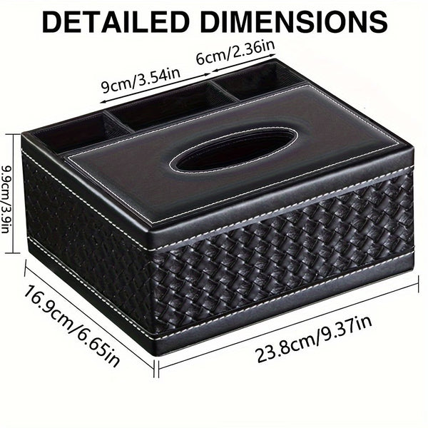Multi-Functional Faux Leather Tissue & Storage Box with 4 Compartments, Includes Remote Control & Household Napkin Storage, Wipe-Clean in Seconds, Ideal for Living Room, Study & Café Countertops, Perfect for Home Supplies, Back to School & Festive Decorat