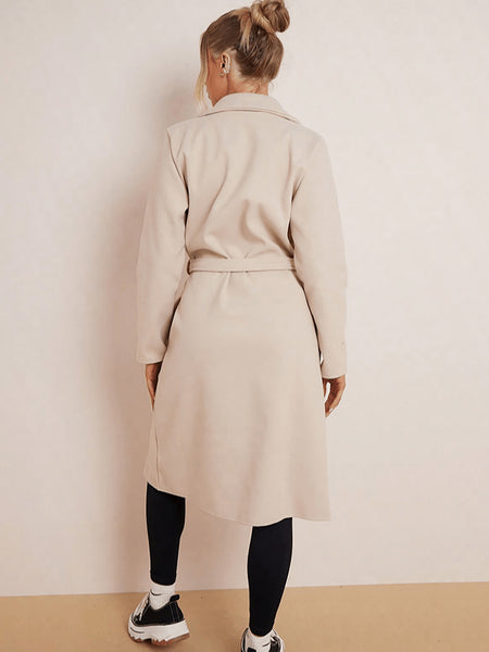 Women's Classy Solid Color Double Breasted Detachable Belted Pocket Pea Coat, Lapel Neck Long Sleeve Outerwear for Fall & Winter