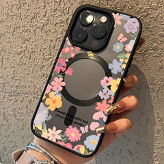 Pink Floral Magnetic Wireless Charging Anti-Drop Light Beige Case, Compatible with iPhone 16 Pro Max/15/14 Plus/13/12/11& Samsung Galaxy A56/A55/A54/A36/A35/A26/A25/A16/A15/A06/S25 Ultra/S24 FE/S23 Plus/S22