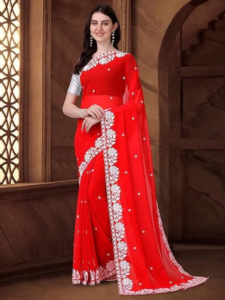Estationeryhouse Women's Georgette Embroidery Border Work Designer Saree with Blouse Piece