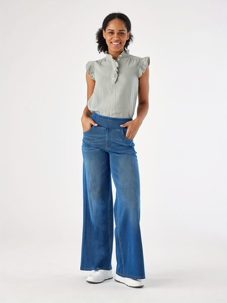 Women'S High-Waist Stretch Denim Wide-Leg Pants with Multiple Pockets, Distressed Vintage Casual Denim Long Pants