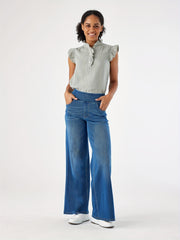 Women'S High-Waist Stretch Denim Wide-Leg Pants with Multiple Pockets, Distressed Vintage Casual Denim Long Pants