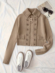 Christmas Women's Elegant Cardigan - Front Zipper & Multi Buttons, Stand-Up Collar Sweater, Structured Fit for Office, Party, Everyday - All-Season Chic Outerwear, Office Wear, Textured Knitwear, Ribbed Texture, Stylish Coverup, Working Professionals
