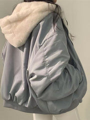 Women's Winter Double-Sided Plush Padded Jacket with Hood & Pockets - Thickened Lamb Outer Coat, Zipper Closure, Solid Color Casual Sweater for Cold Weather (No elastic fabric)