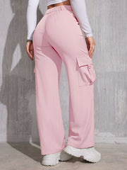 Flap Pocket Solid Color Cargo Pants, Y2K Slant Pocket Button Front Every Day Pants, Women's Clothing