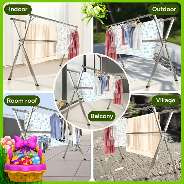 A Stainless Steel Foldable Clothes Drying Rack with Retractable Adjustable Double Bars And A Multi-Functional Drying Rack Suitable for Indoor And Outdoor Use. for Clothes, Quilts, And Bedding, It Provides Space-Saving Storage, Decoration