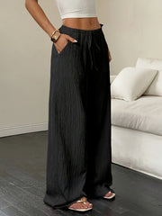 2pcs Women's Spring/Summer Casual Solid Color Waist-Tie Pocket Wide-Leg Pants Set, Suitable for Casual Daily Wear and Vacation