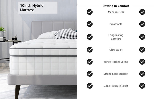 Lazzo Rocco 1st Generation 5FT White Mattress – 10.6 Inch Innerspring Hybrid with Pocket Spring & Breathable Foam, Medium Plush for Cool Comfort Sleep twin size mattress memory