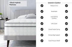 Lazzo Rocco 1st Generation 5FT White Mattress – 10.6 Inch Innerspring Hybrid with Pocket Spring & Breathable Foam, Medium Plush for Cool Comfort Sleep twin size mattress memory