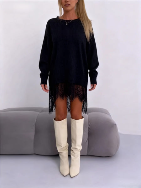 Women'S Lace-Panel Sweatshirt | Fashionable Mid-Length Pullover with Slit Detail, Casual Oversized Off-the-Shoulder Long-Sleeved Sweatshirt Dress, Sweet-Edgy Leisure Style, Comfort and Refinement, Fall/Winter, Crew Neck, Medium Stretch Fabric - XIUD