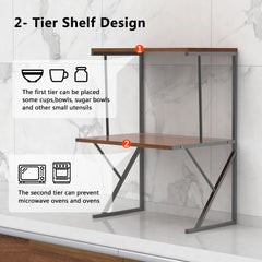 2-Tier Microwave Oven Shelf Stand, Kitchen Countertop Storage Rack Spices Rack Freestanding, Home Office Printer Stand Multifunctional Unit Shelving Wood Top Metal Frame