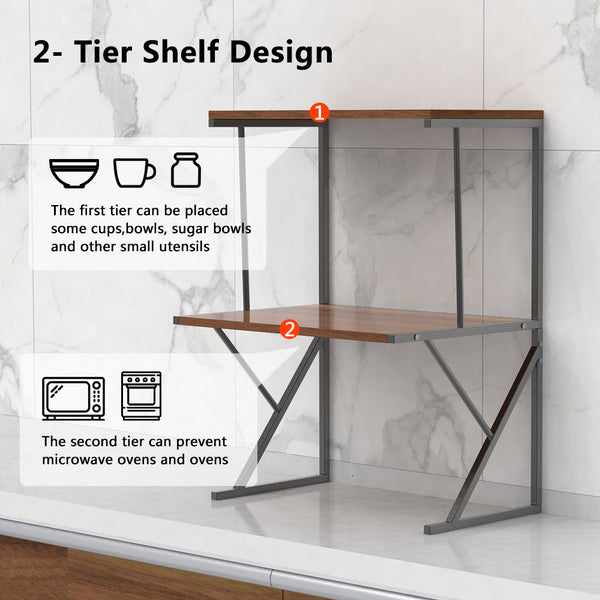 2-Tier Microwave Oven Shelf Stand, Kitchen Countertop Storage Rack Spices Rack Freestanding, Home Office Printer Stand Multifunctional Unit Shelving Wood Top Metal Frame