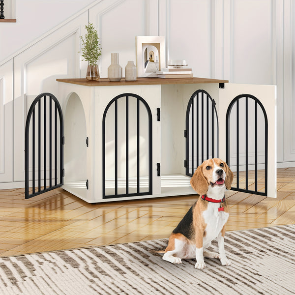 Dog Crate Furniture, 68cm Wooden Dog Crate, Indoor Kennel for Small Dogs, End Side Table Animal Crates, Anti-Chew, Anti-Escape, Arched Door Design, White Brown